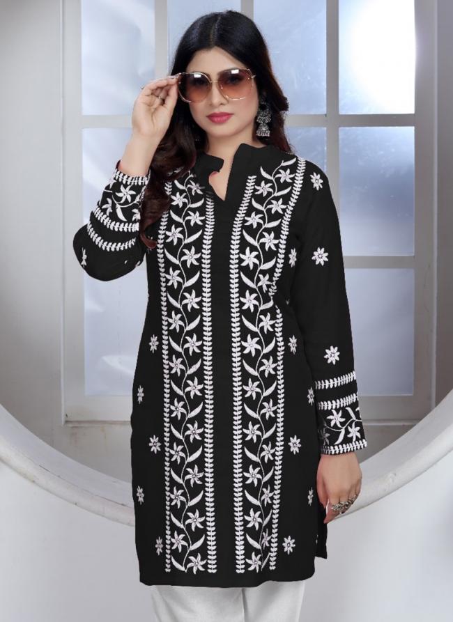 Rayon Black Casual Wear Chikankari Work Readymade Kurti With Pant